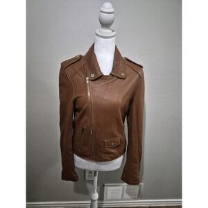 ZARA Women's Faux Leather Moto Biker Jacket Brown Silver Zip Size M Soft Pockets